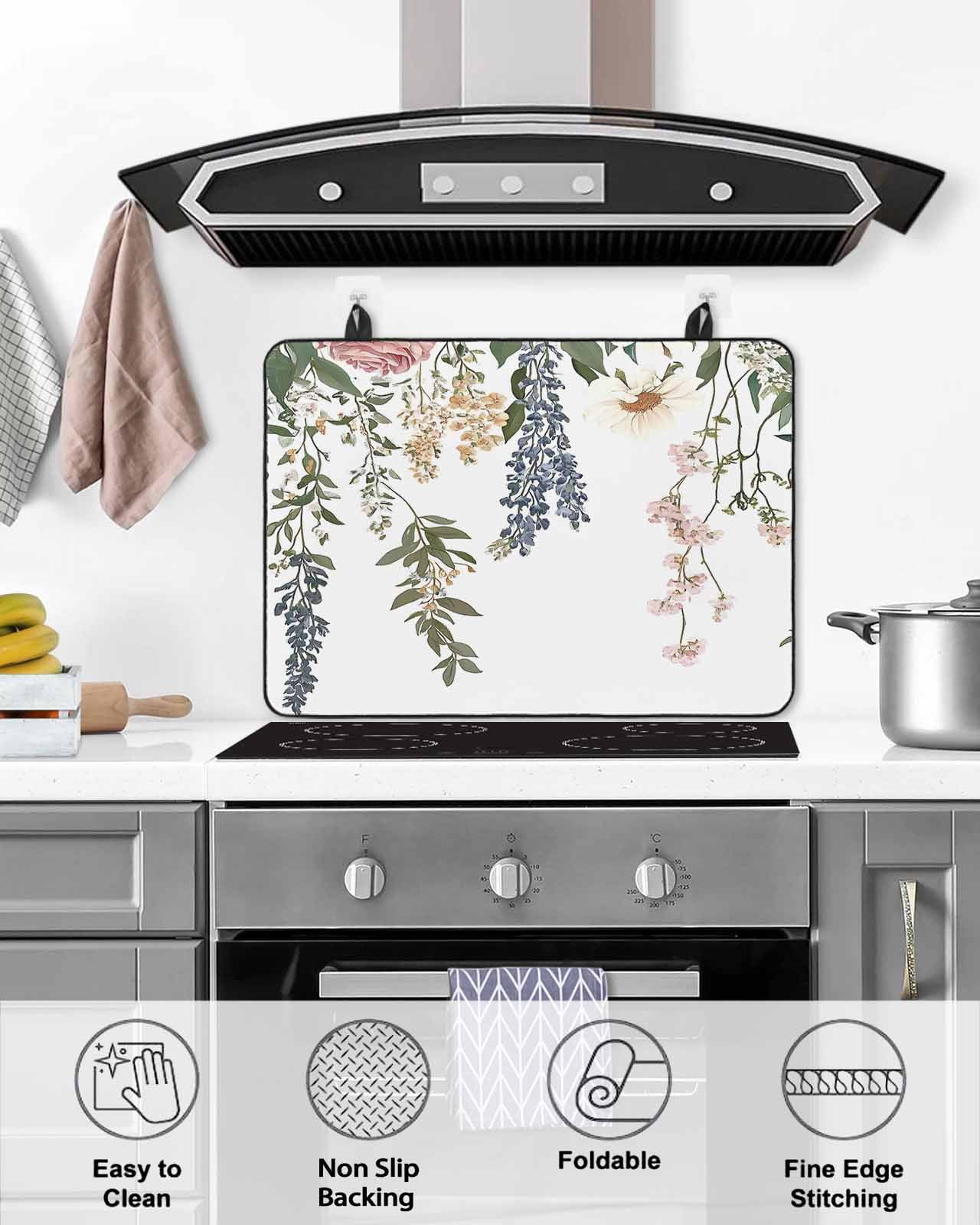 nqOlkjepod Large Induction Cooktop Protector Mat 24"x21", Vintage Eucalyptus Stove Top Covers for Electric Stove, Watercolor Floral Leaves Decorative Stove Burner Cover Mats, Glass Top Stove Cover