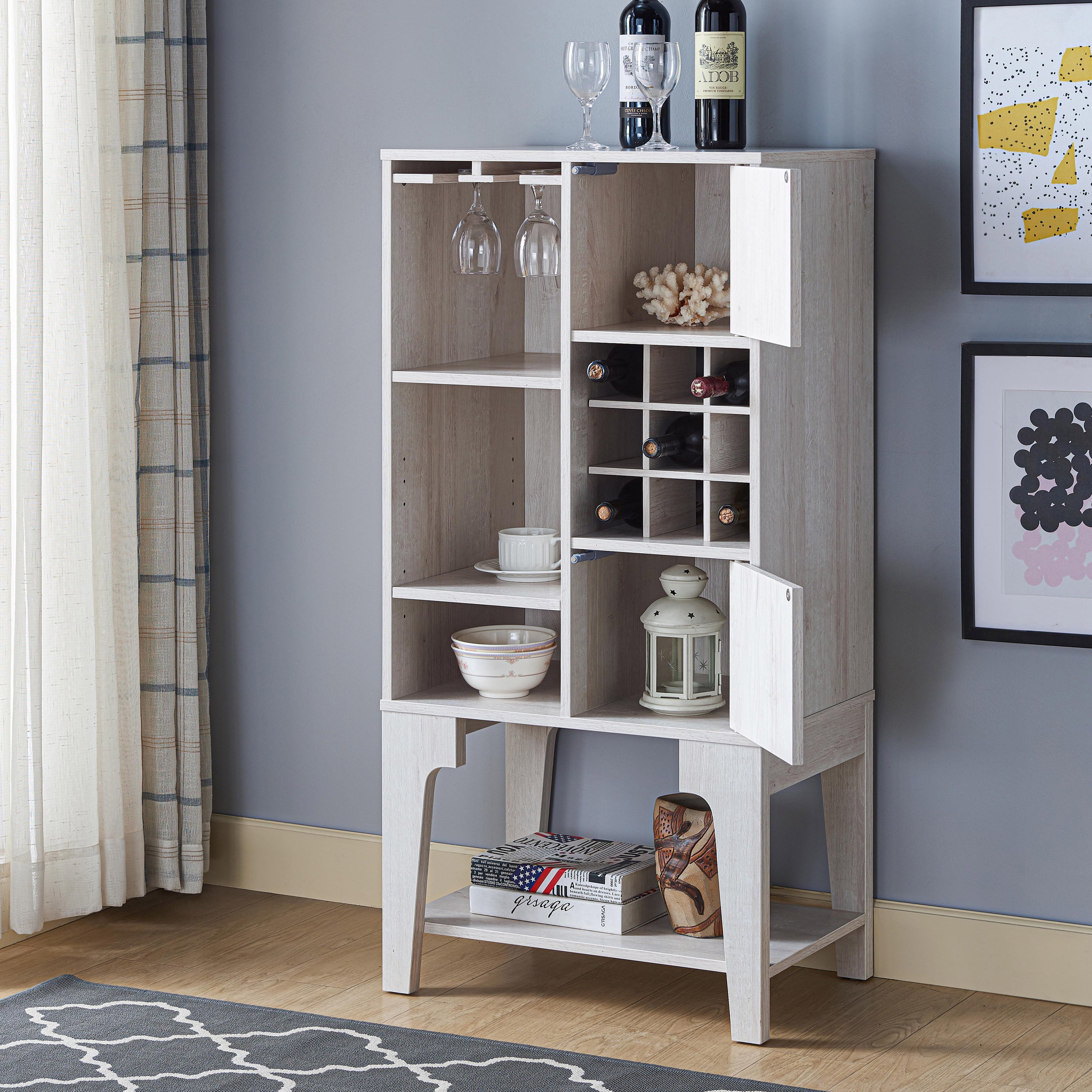 Furniture of America Morg 24"Width Wood 9-Bottle Wine Cabinet with Doors, White Oak