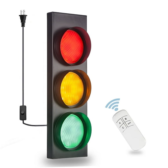 PANLAVIE Traffic Light Wall Lamp Remote Control Retro Kids Bedroom Stop Light, Plug in Industrial LED Wall Sconce, Vintage Fun Signal Light for Home Office Bar Garage Car Room Decor Christmas