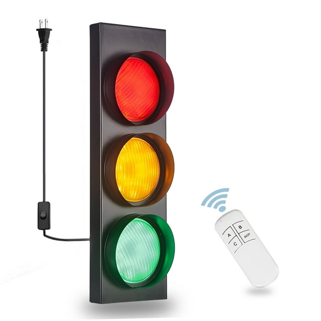 PANLAVIE Traffic Light Wall Lamp Remote Control Retro Kids Bedroom Stop Light, Plug in Industrial LED Wall Sconce, Vintage Fun Signal Light for Home Office Bar Garage Car Room Decor Christmas