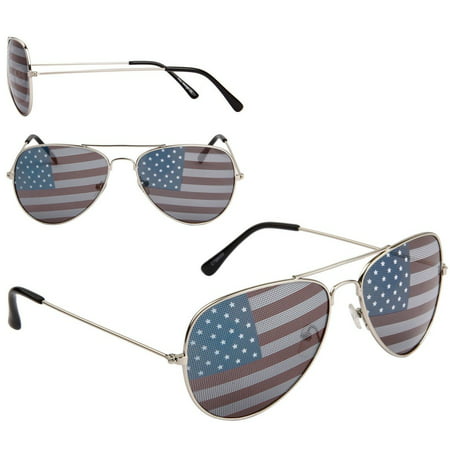 American Flag Aviator Sunglasses USA July 4th Independence Day Silver Frames