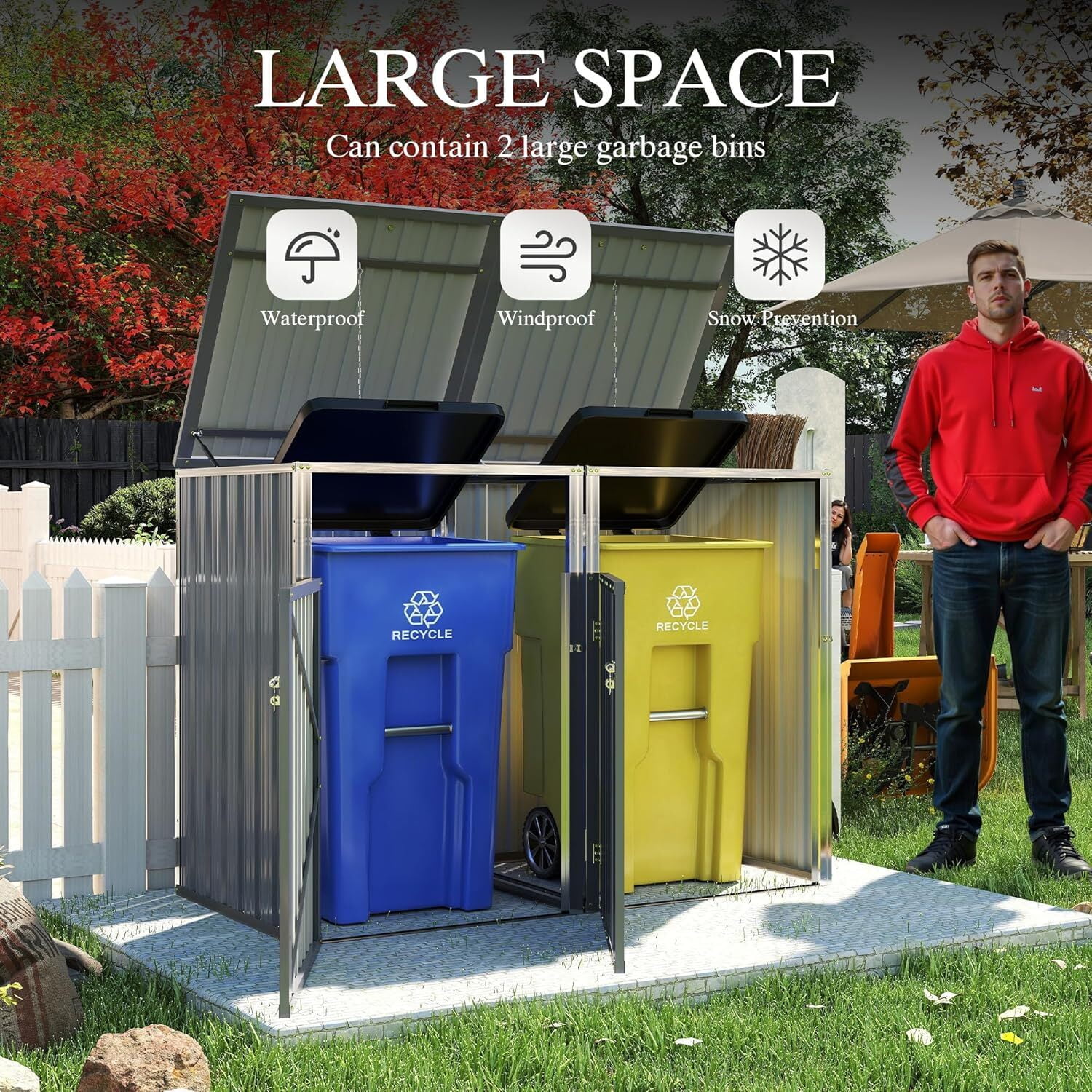 Montary 54 CU.FT Metal Outdoor Garbage Bin Storage Shed with Chain Lid, Waterproof Trash Can Organizer for 2 Bins, Garden Tools for Garden Yard Lawn, Grey