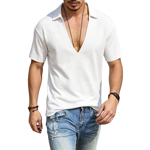 GrmtClth Mens Spread Collar Deep V-Neck Polo Shirt Casual Waffle Knit Short Sleeve Top Lightweight Breathable Textured Solid Color Summer Daily Wear Fashion Tops White XL