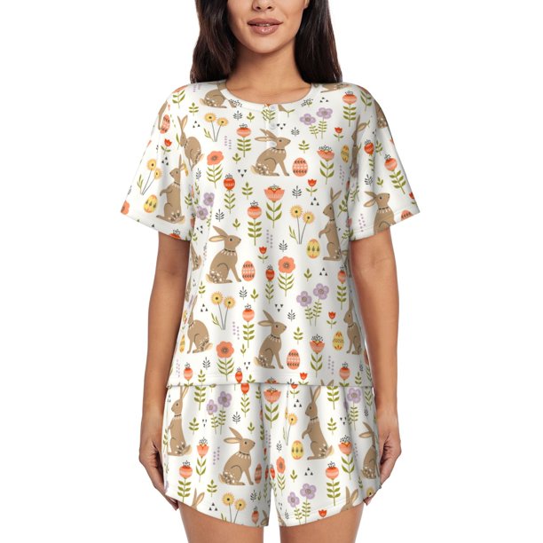 Fotbe Happy Easter Conjunto de Pijama Estampado para Mujer, 2 Piezas, Ropa de Dormir con Camiseta de Manga Corta y Shorts Suaves-Medium