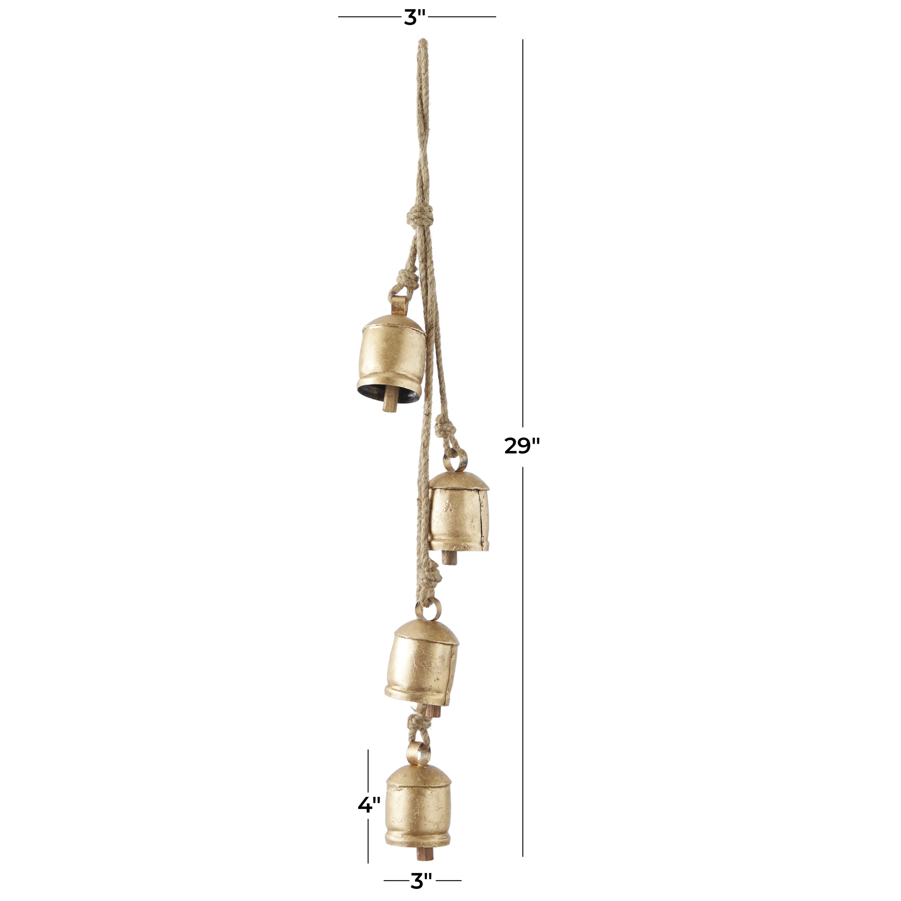 DecMode Tibetan Inspired Gold Metal Cylindrical Decorative Cow Bells with 4  Bells on Jute Hanging Rope 