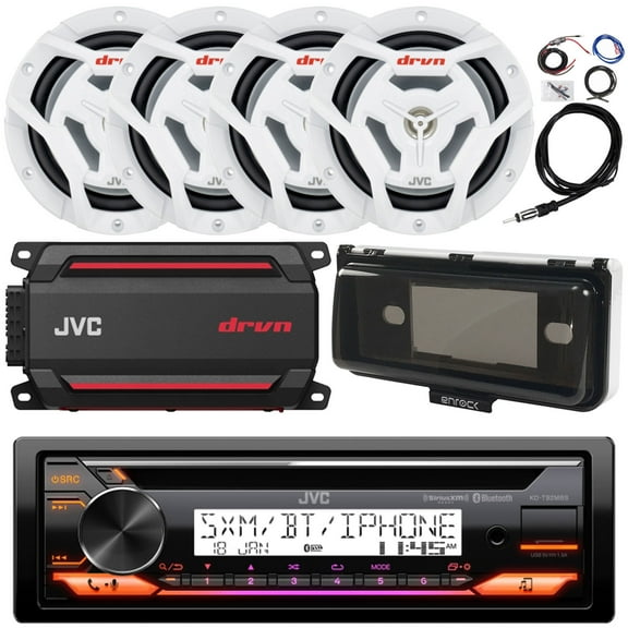 Single DIN Marine Bluetooth USB AUX AM/FM Radio CD Player Receiver Bundle Combo with 4x 6.5" 150W 2-Way White Waterproof Boat Audio Speakers, 4-Channel Amplifier w/ Install Kit, Radio Cover, Antenna
