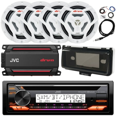 Single DIN Marine Bluetooth USB AUX AM/FM Radio CD Player Receiver Bundle Combo with 4x 6.5 150W 2-Way White Waterproof Boat Audio Speakers 4-Channel Amplifier w/ Install Kit Radio Cover Antenna