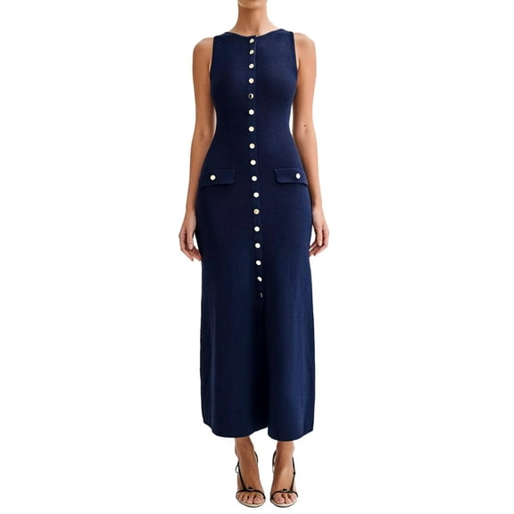 Women'S Summer Sleeveless Single Breasted Knit Maxi Dress Slit Crew Neck Long Sweater Bodycon Dress Blue M