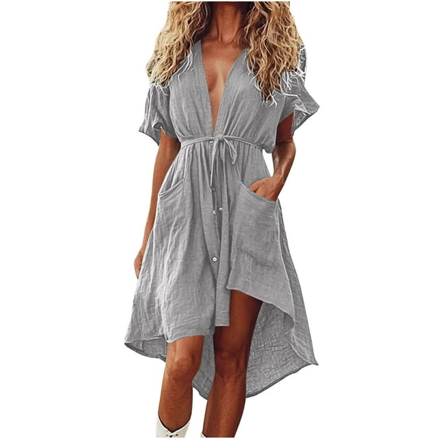Liquidation d'Été 2025! Robe d'Été en Solde pour Femmes, Robes Courtes d'Été pour Femmes Manches Courtes Bloc de Couleur Ample Tendance Imitation Coton et Lin Mini Robe avec Bouton Poche