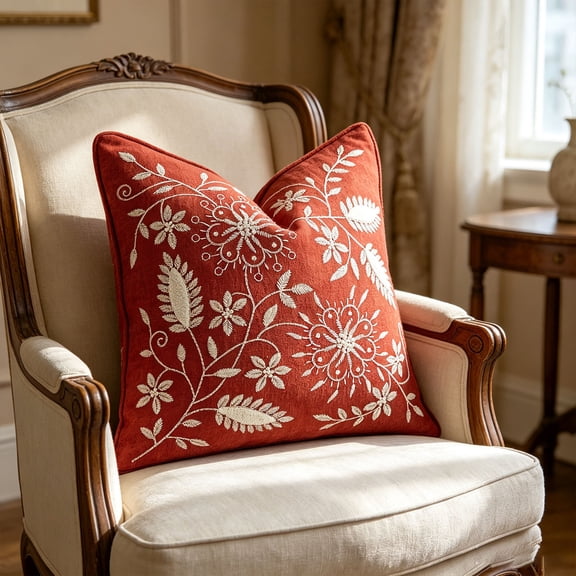 Linnome Embroidered Floral Pillow Cover 18x18 Inch Cotton Blend Cushion Case for Sofa and Bed