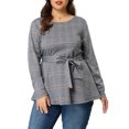 thumbnail image 5 of MODA NOVA Juniors Plus Size Work Formal Long Sleeve Houndstooth Tie Waist Blouse Blue 2X, 5 of 6