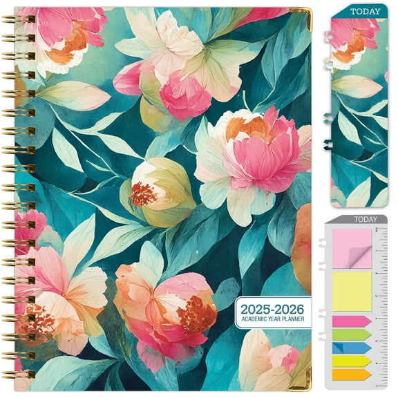 Academic Year 2025-2026 Planner, June 2025 - July 2026, 8.5"x11" Daily Weekly Monthly Planner Yearly Agenda, Hardcover, Bookmark, Pocket Folder and Sticky Note Set (Teal Floral)
