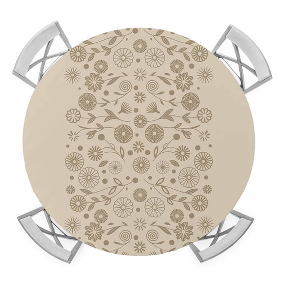 Elastic Fitted Round Tablecloth, Japanese Waterproof Stretch Table Cover for 55"-60" Tables, Beige Farmhouse Retro Floral Leaf Pattern Washable Outdoor Tablecloths for Patio, Picnic, Camping