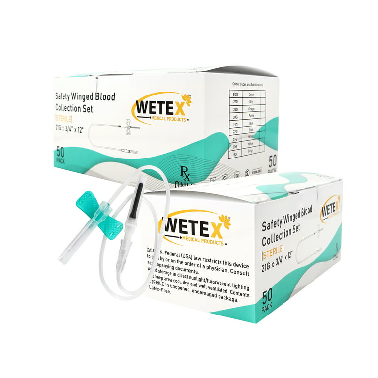 Butterfly Needles Blood Collection W/Safety Set, 21G, 23G, 25G x 3/4''x12''  - Wetex Inc