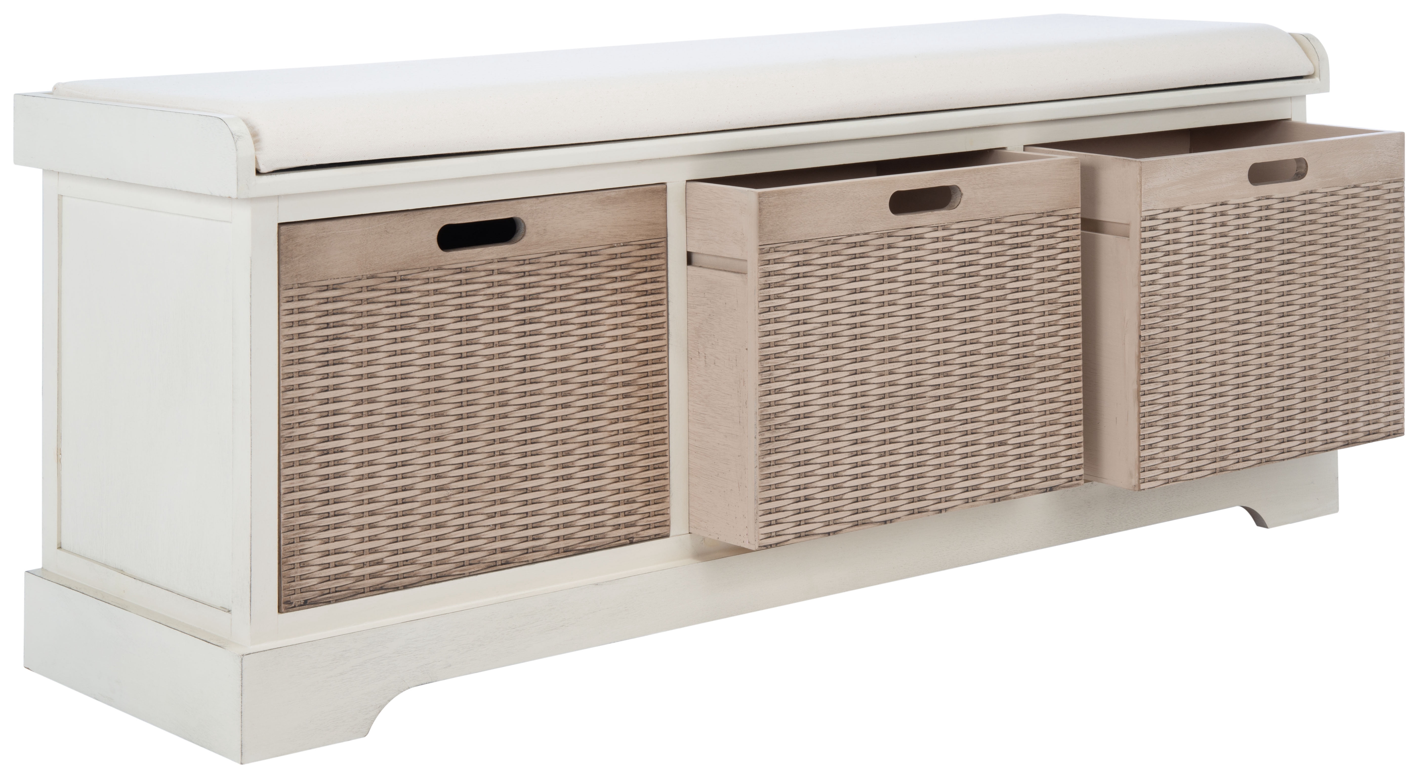 SAFAVIEH Landers 3 Drawer Storage Bench with Cushion, Distressed White