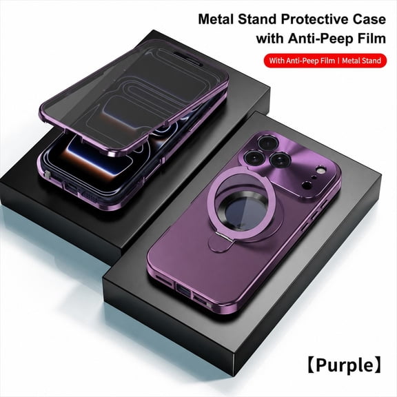 Lunvic Phone Case for iPhone 18 Pro Max, Metallic Matte PC Cover with Built-in Privacy Screen Protector 0-150° Ring Kickstand Magnetic Charging, Cherryred