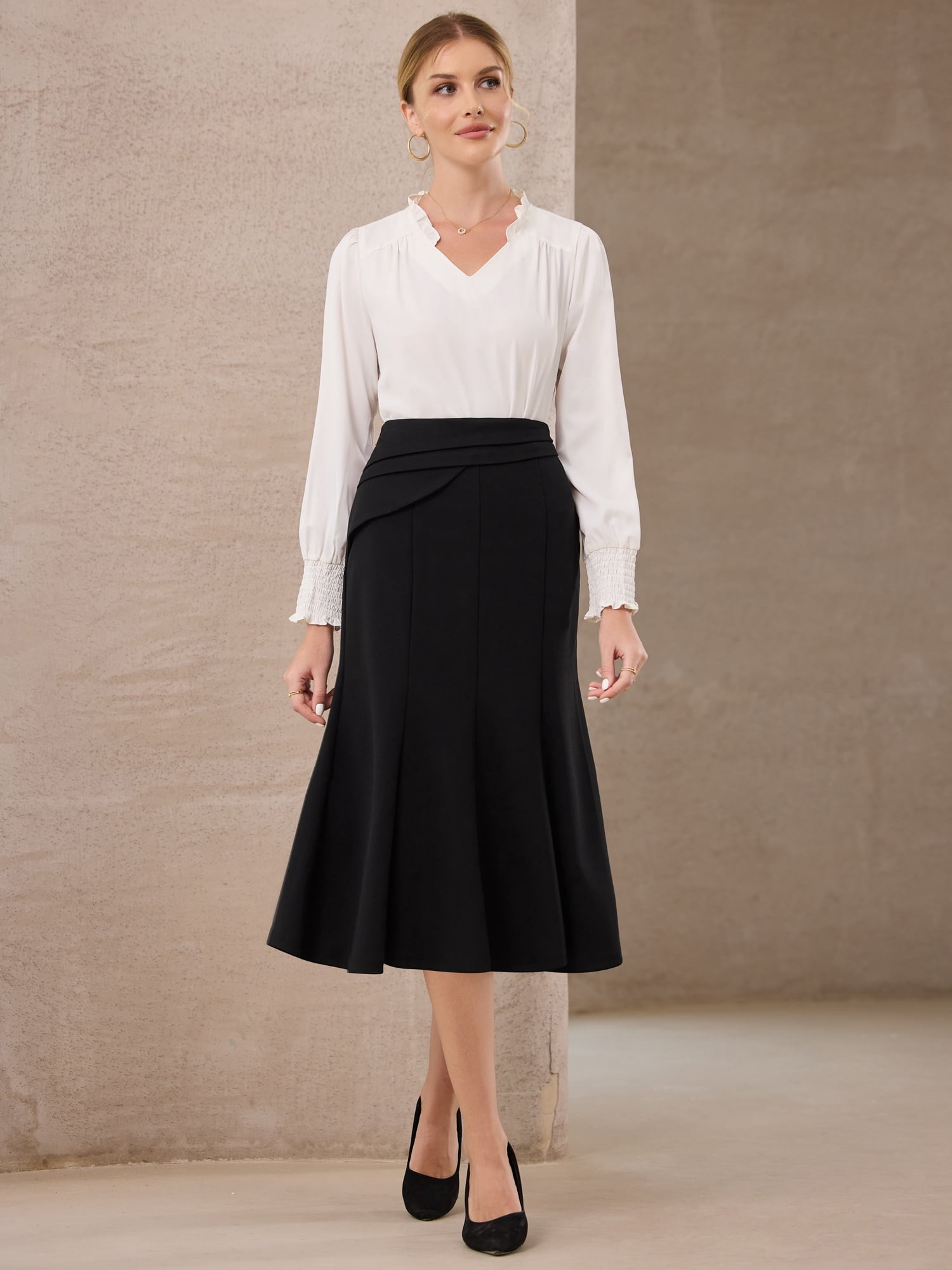 DARING DIVA Women's High Elastic Waist Fishtails Midi Skirts for Work S Black