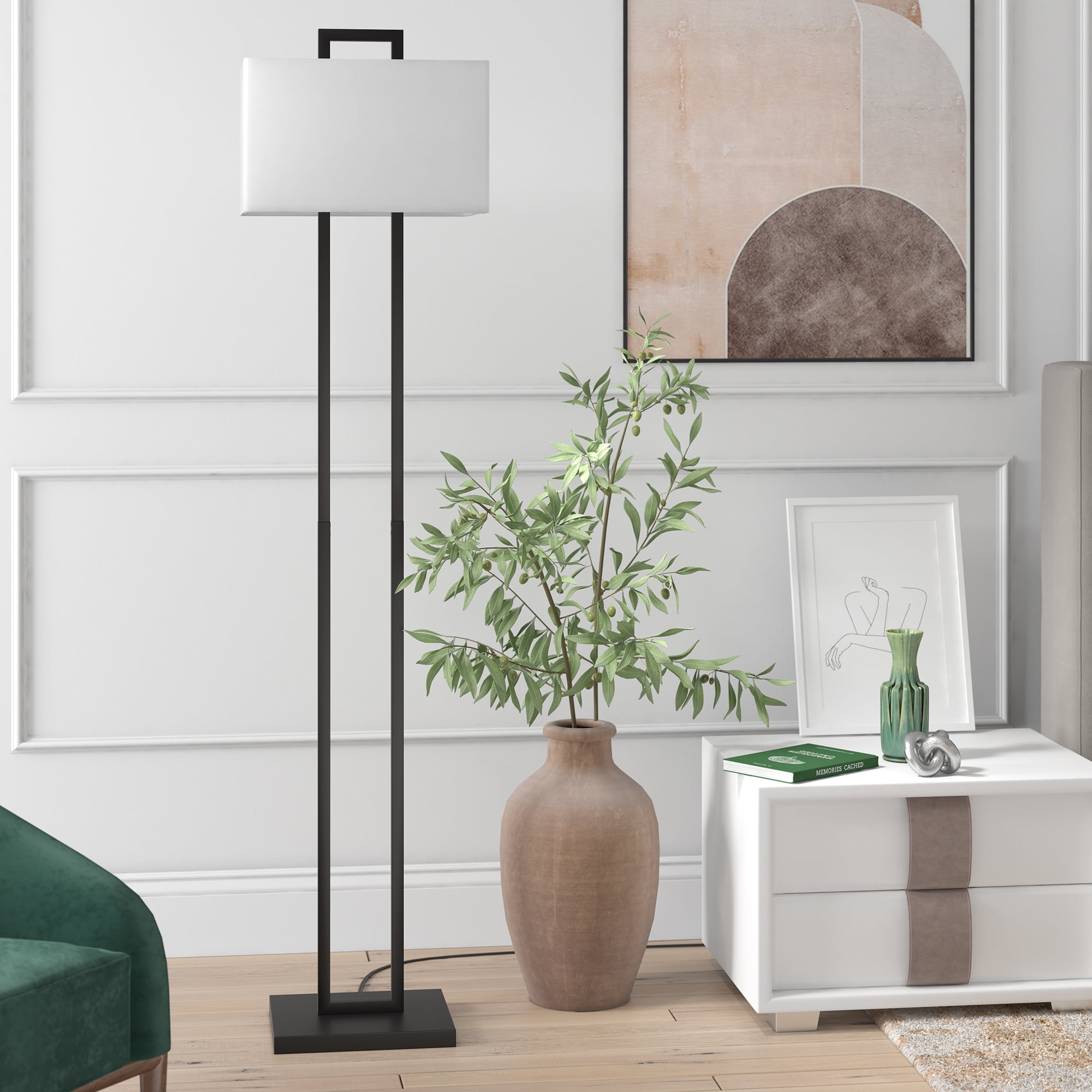 Evelyn&Zoe Adair 68" Tall Floor Lamp with Fabric Shade, Blackened Bronze/White