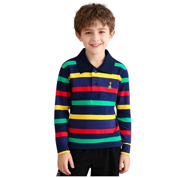 DxhmoneyHX Boys Long Sleeve Shirts Cotton V Neck Lapel Qaarter Zip Striped T Shirts Classic Summer School Uniform Tops Age 3-15Years