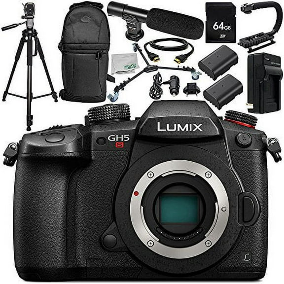 Panasonic Lumix DC-GH5S Mirrorless Micro Four Thirds Digital Camera 12PC Accessory Bundle – Includes 64GB SD Memory Card   2x Replacement Batteries   MORE