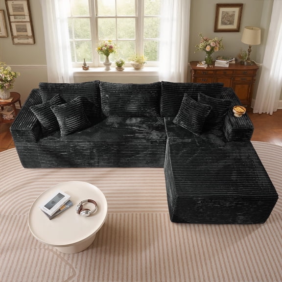 XIZZI No Assembly Required Modular Sofa Set, Deep Seating Plush Sponge Couch Sofa, Comfortable Self-Expanding Furniture, Stardard - Right Chaise, Black