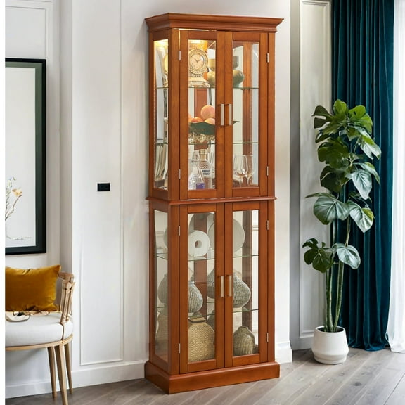 MDQMD Curio Display Cabinet for Living Room,Glass Doors Display Cabinet,Square Display Cabinet with 4 Adjustable Glass Shelves for Storage,Walnut