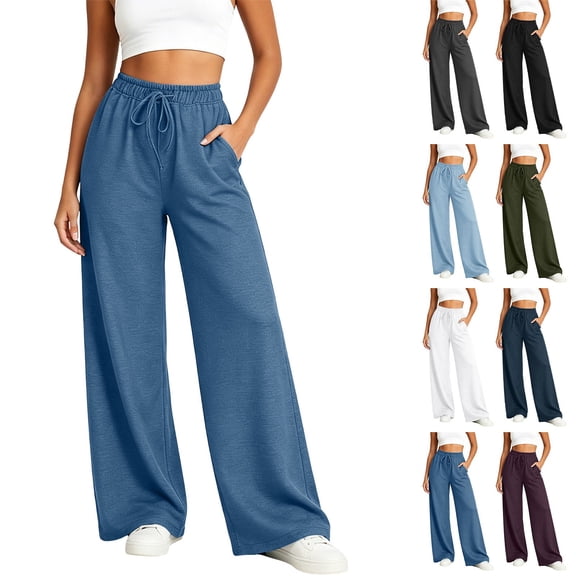 YABCSAZ Womens Cotton Linen Pants Plus Size Casual Drawstring Elastic High Waisted Wide Leg Pants Loose Lounge Trousers Solid Color Casual Palazzo Pants with Pockets