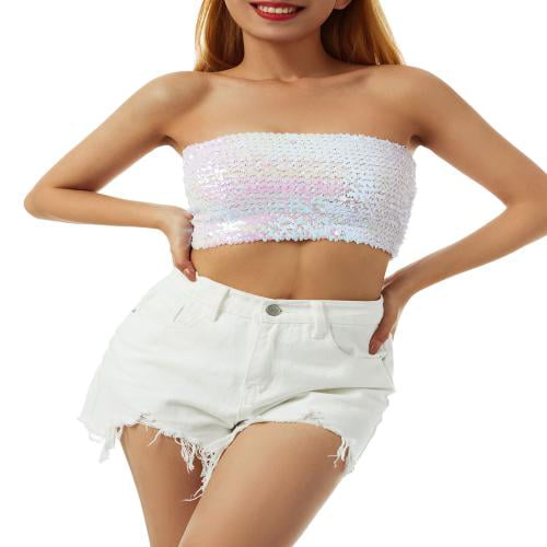 Novia's Choice Women's Shiny Sequin Tube Top Strapless Stretchy Crop Tops  Clubwear for Raves Party(Acid Blue) at  Women's Clothing store
