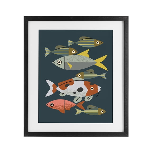 Stupell Industries Scandinavian Midcentury Pond Fishes Black Framed Print Under Glass, 13 x 16, by Renea L. Thull
