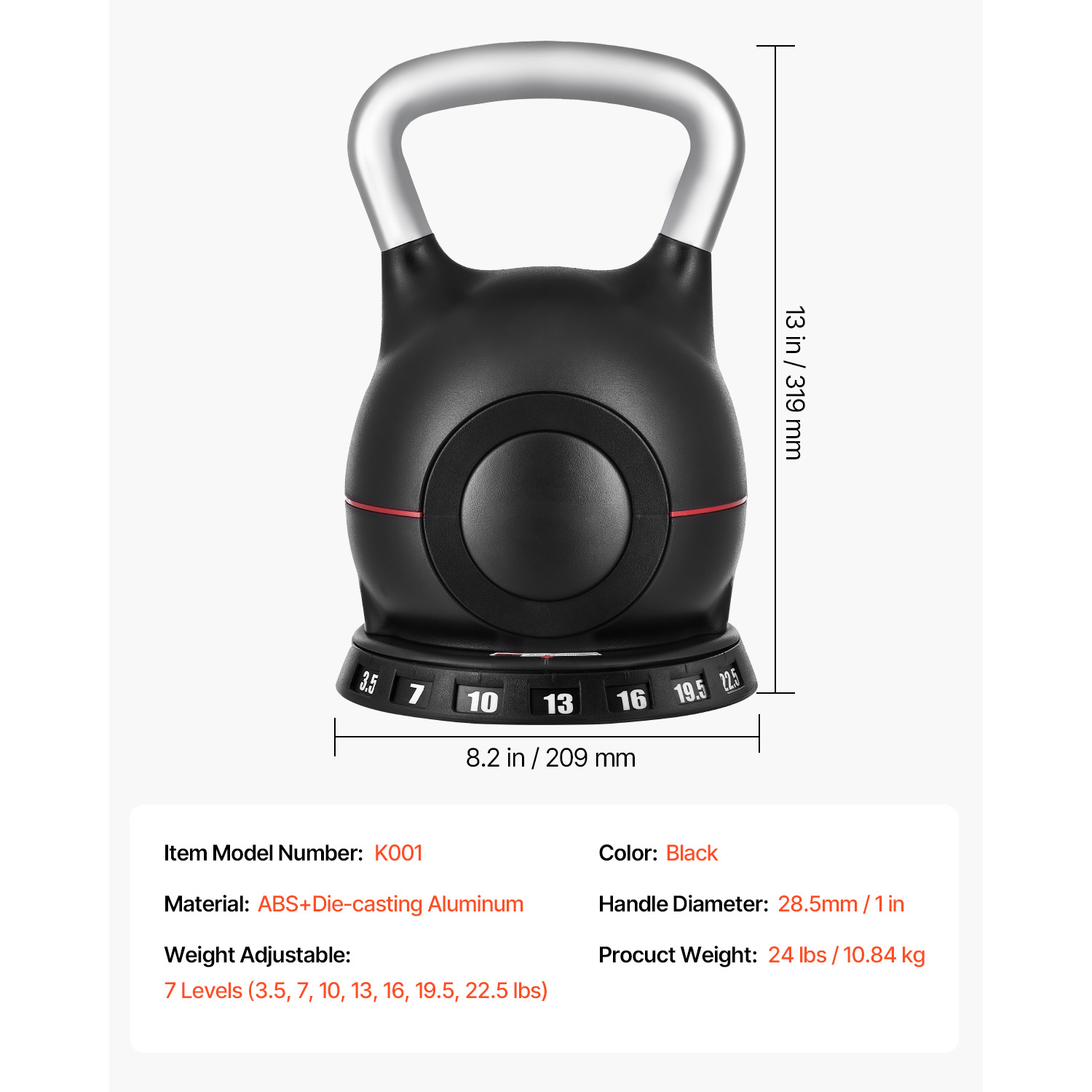 KFFKFF Adjustable Kettlebell with 7 Weight Options (3.5 to 22.5 lbs), Crafted from Die-Cast Aluminum and ABS, Ideal for Grip Strength, Full-Body Exercises, and Cross-Training
