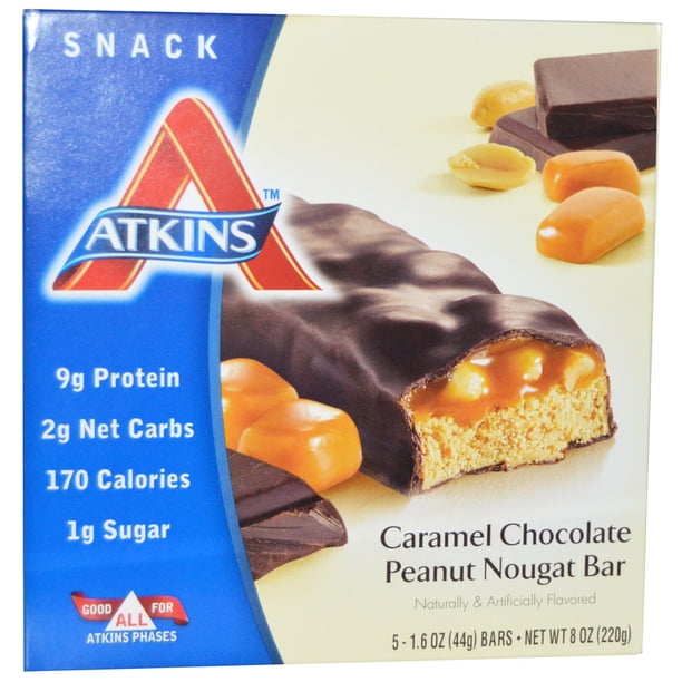 Atkins, Caramel Chocolate Peanut Nougat Bar, 5 Bars, 1.6