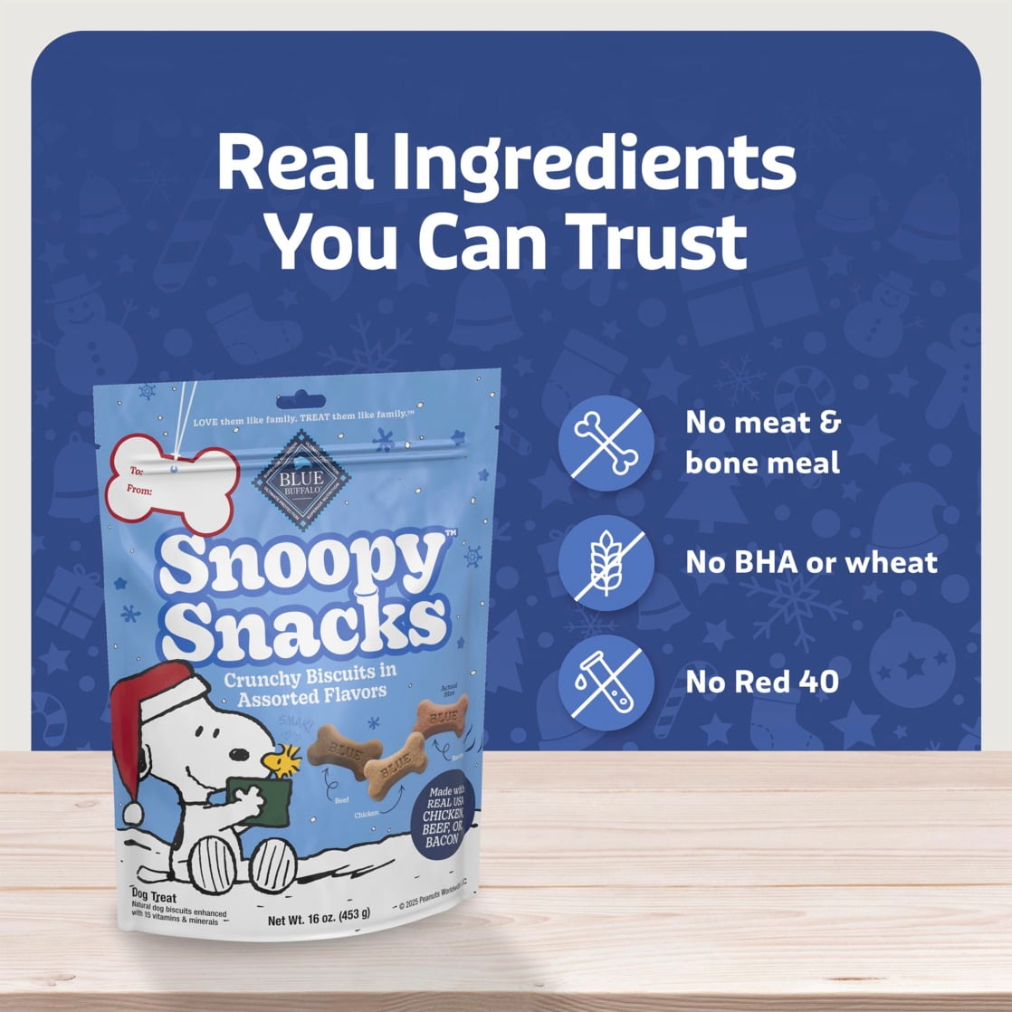 (4 pack) Blue Buffalo Snoopy Snacks Crunchy Dog Treats, Assorted Flavors, Small, 16oz. Bag