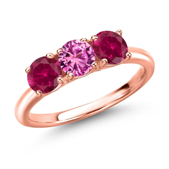 Gem Stone King 18K Rose Gold Plated Silver Pink Created Sapphire and Red Created Ruby Engagement Ring for Women | 1.75 Cttw | Round 5MM | Gemstone September Birthstone | Size 7