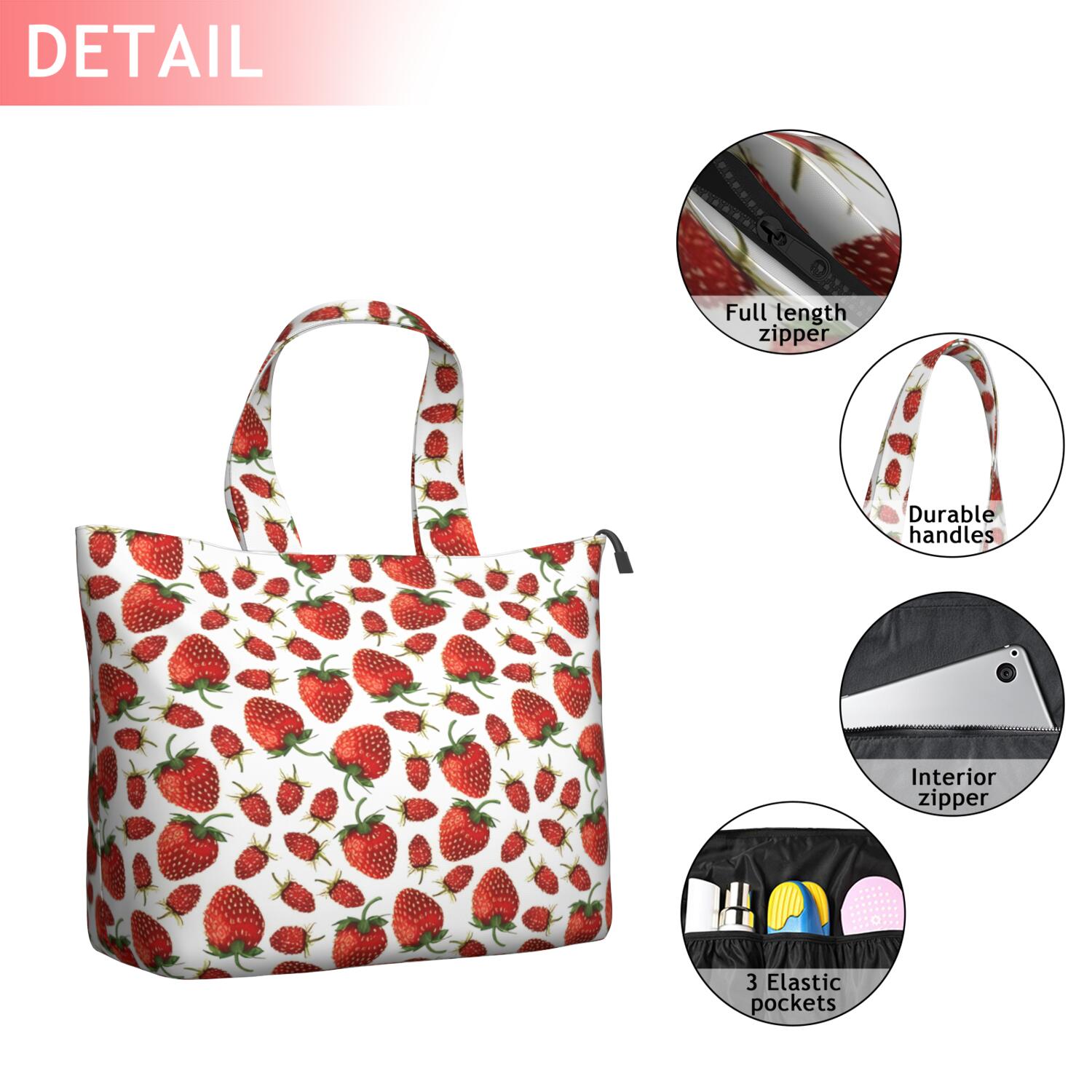 Red Strawberry Plants Fruit White Pattern Travel Tote Bags for Women Carry On,Large Weekender Bags for Women Travel,Multi Functional Duffle Bag for Work,Shopping,Sports