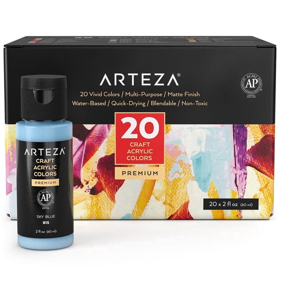 Arteza Acrylic Craft Paint Art Supply Set, 60ml Bottles, Assorted Colors, Matte Finish, 20 Pack