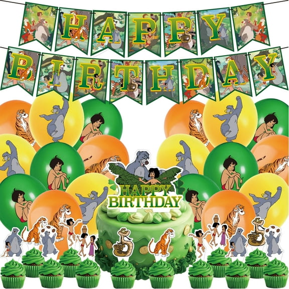 32 Pcs For The Jungle Book Theme Birthday Party Decorations and Supplies Set – Includes 1 Banner, 12 Cupcake Toppers, 1 Cake Topper, and 18 Balloons for Festive Celebrations