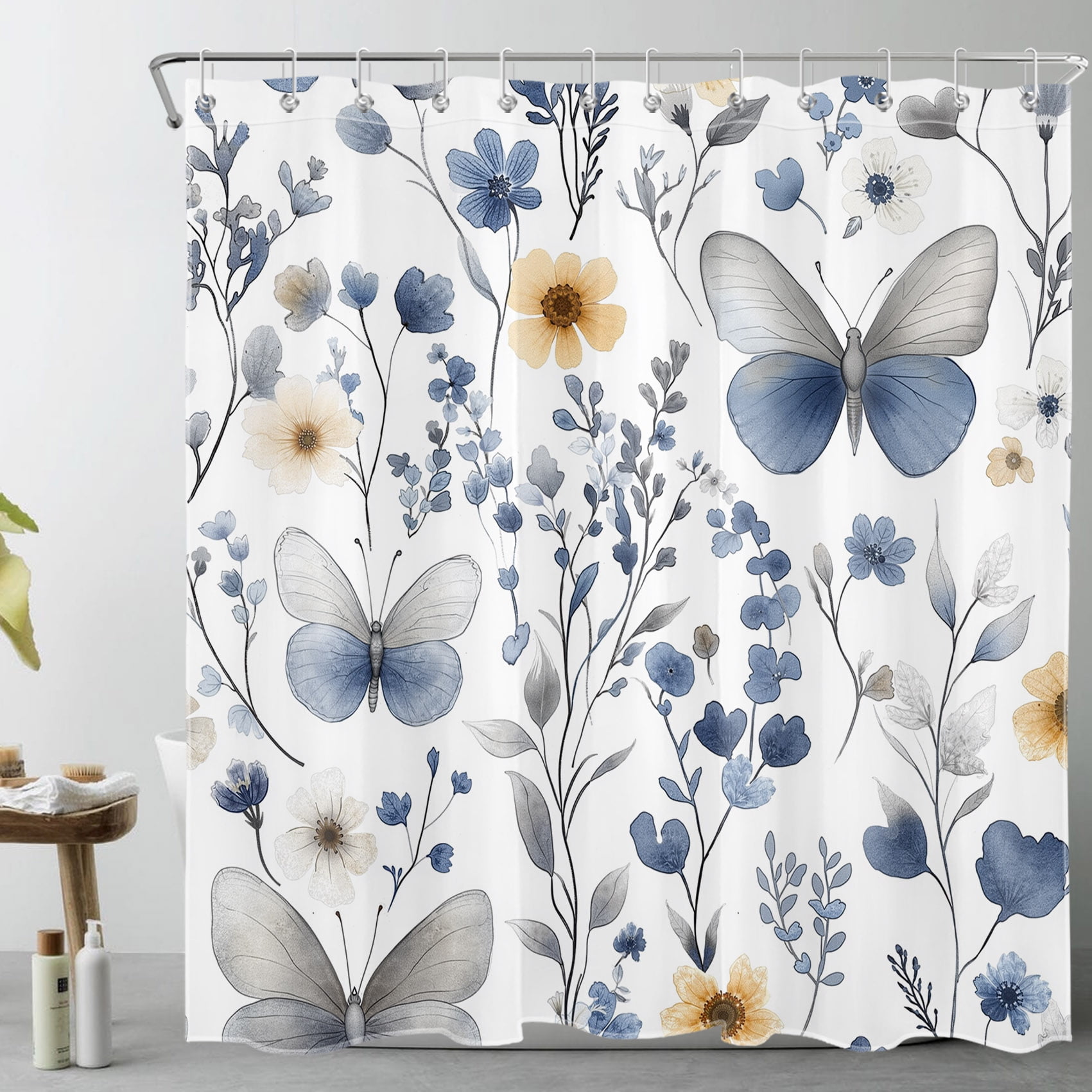Watercolor Flowers Shower Curtain Blue Butterfly Wild Plant Sketch Bathroom Shower Curtain Modern Painting Art Home Decor Waterproof Durable Shower Curtain Accessories with 12 Hooks 72x72 Inches
