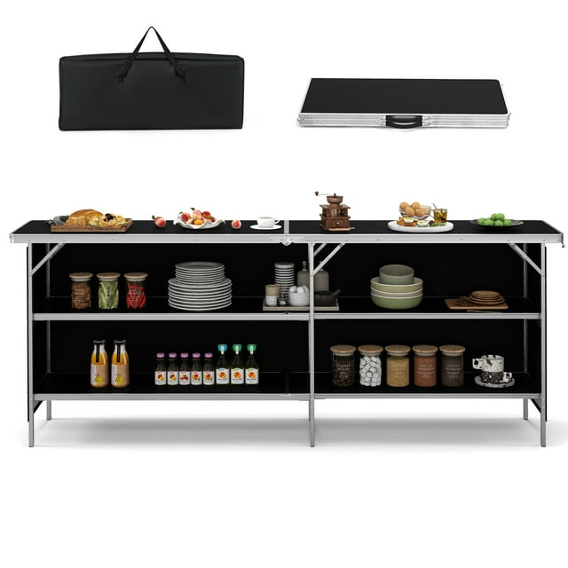 Gymax Portable Bar Table Folding Camping Table w/ Aluminum Alloy Frame 2-Tier Shelves