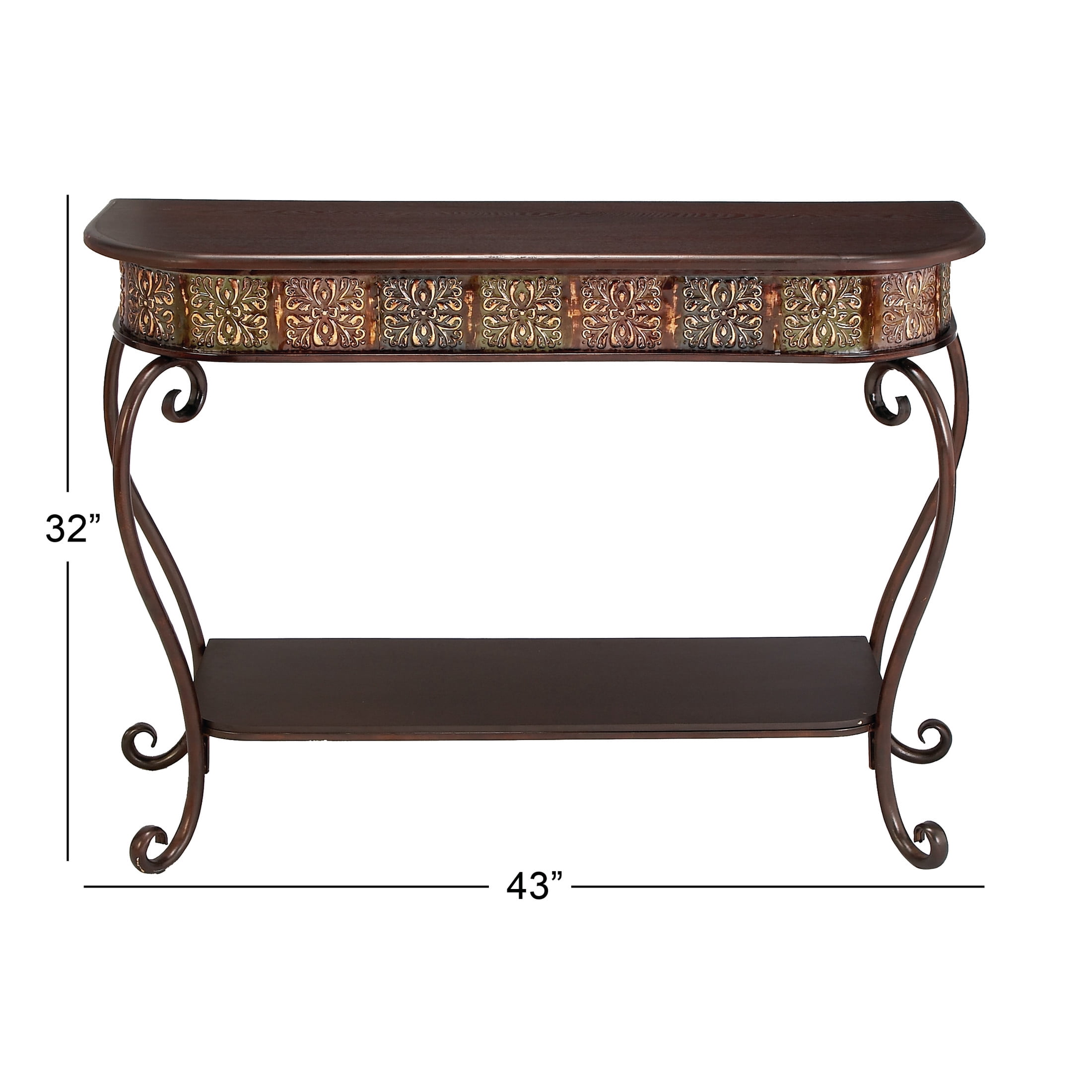 DecMode Traditional Brown Wood and Metal Console, Entryway, Hallway Table with Ornate Detailing and Round Edges, 43"W x 32"H