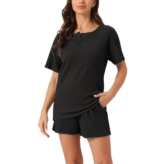 DARING DIVA Women's Lounge Sets Ribbed Knit Short Sleeves Pajamas with Shorts XS Black
