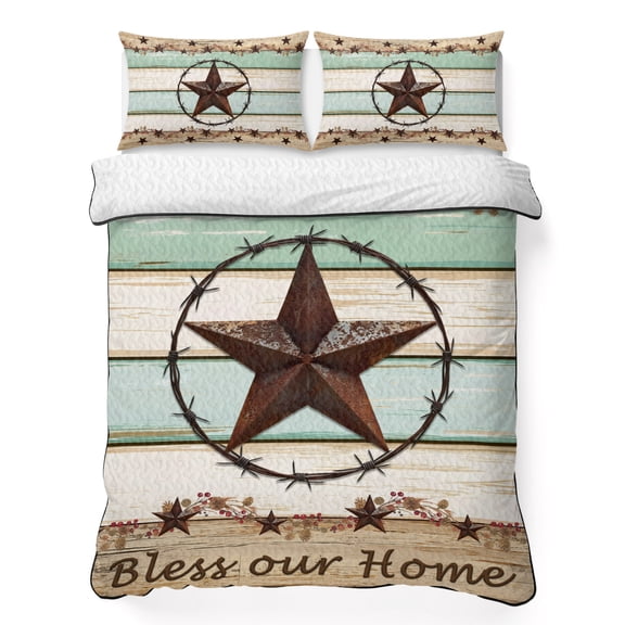 Twin XL Quilt Set, Farm Star Country Berry Lightweight Quilt Sets Summer Comforter Coverlets with 2 Pillow Shams, Farmhouse Wood Grain Breathable 3 Piece Bedding Set for All Seasons
