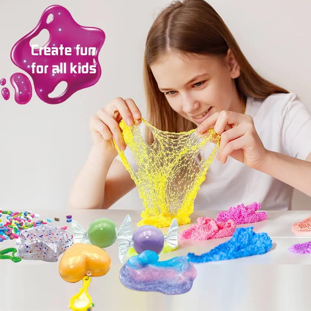 Lovely Slime Maker Kit for Kids - Includes 10+ Pre-Made Rainbow Slimes, Candy Pellets, Heart & Star Molds - DIY Glitter, Fluffy, Clear, and Glow-in-The-Dark Slime - Safe, Non-Toxic, Creative Fun