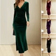 thumbnail image 2 of Fall Spring Women Evening Dress Long Sleeves Slim Fit Pure Color Fishtail Hem Velvet V Neck Prom Cocktail Party Midi Dress, 2 of 8