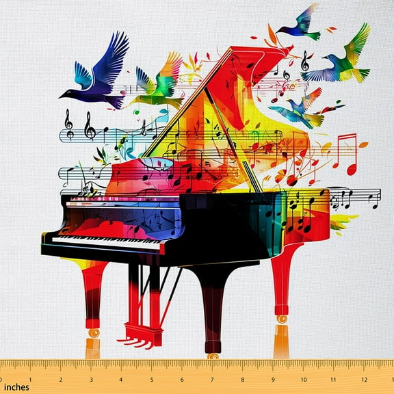 Homewish Music Instrument Piano Fabric by the Yard 1 Yard,Music Melody Home Decor Fabric by the Yard,Colorful Birds Sewing Fabric For Girls Teens,Breathable Home Decor