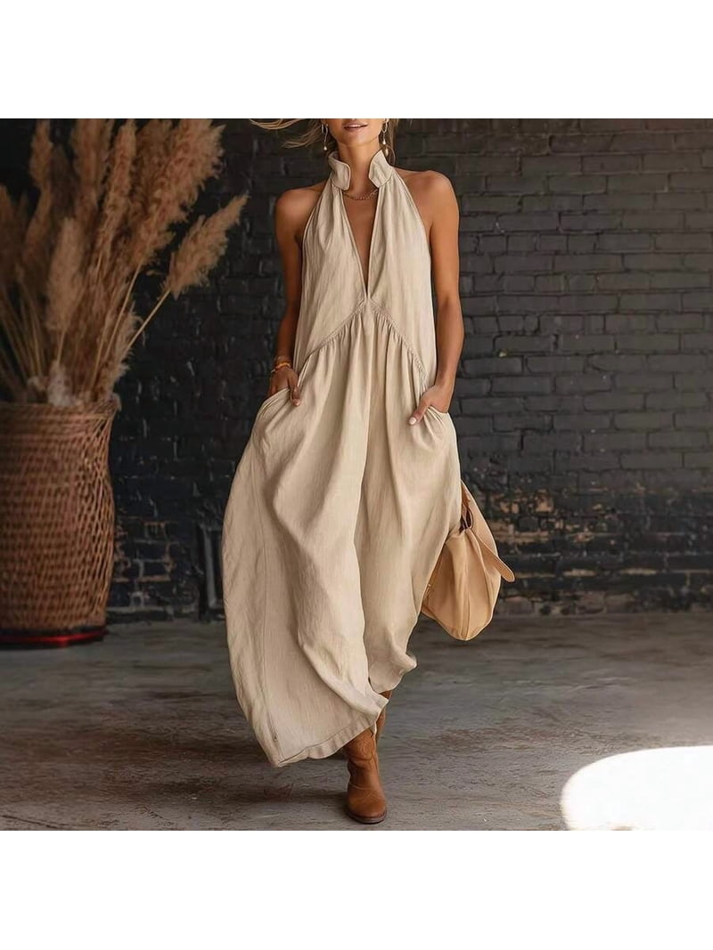 khaki halter neck dress Sleeveless Solid Maxi With Pockets Relaxed Fit Summer Vacation Dress Lizbeth