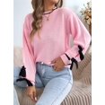 thumbnail image 5 of Women Knit Crew Neck Contrast Lantern Long Sleeve Pullover Sweater with Decorative Cuff Straps Pink S, 5 of 9