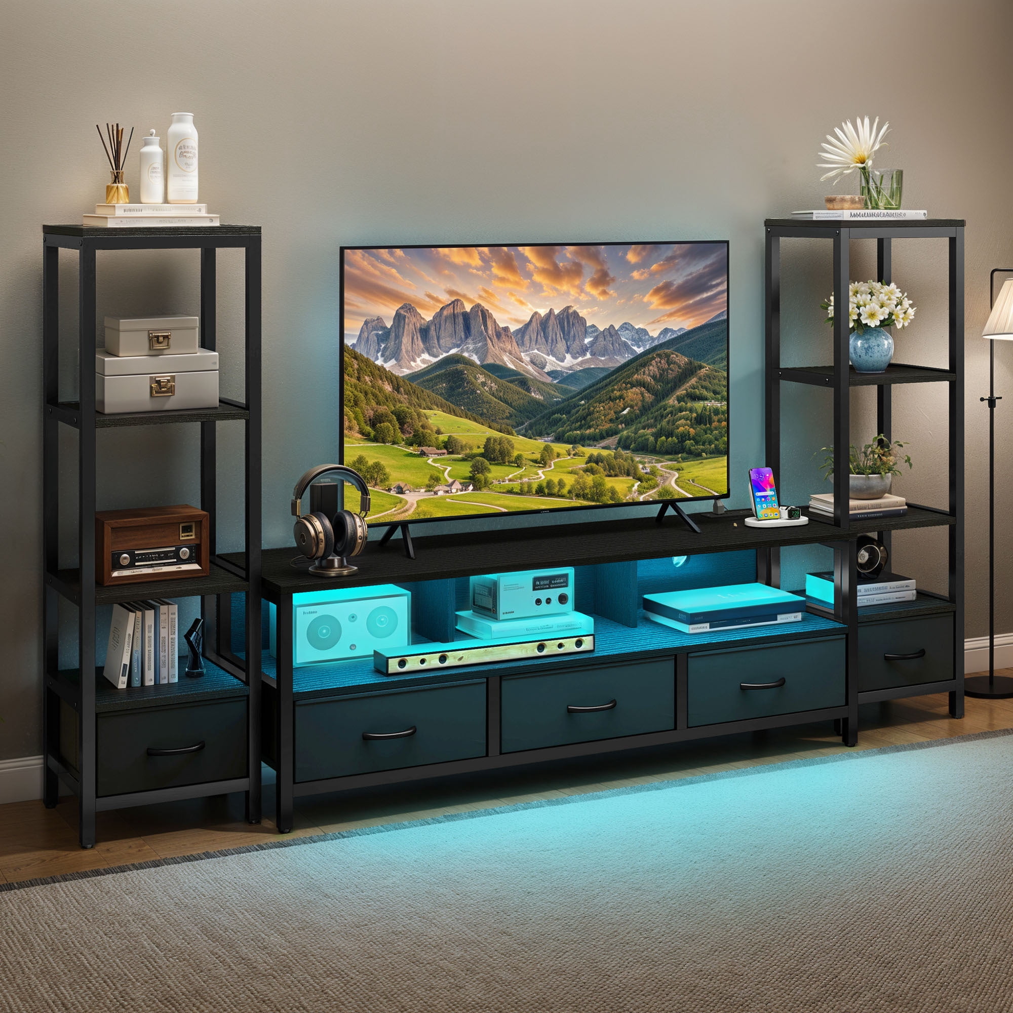 Uforic Modern Rustic Wood Metal Frame TV Stand with Remote Control LED Lights, USB Ports, Multi-Layer Storage Shelves & Fabric Drawers for Home Living Room, Black