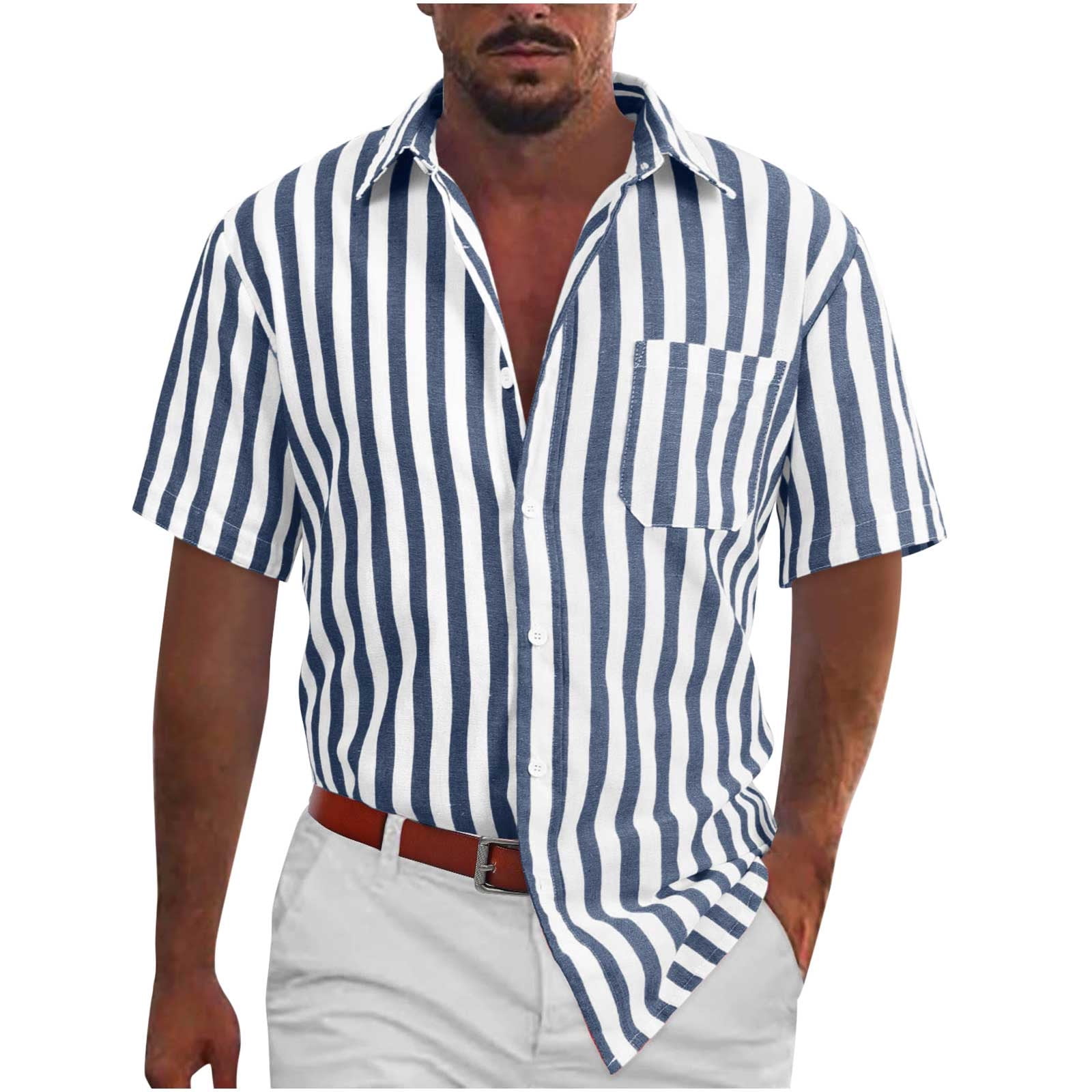 Mens Button Down Short Sleeve Shirts Stylish Turndown Striped Dress ...