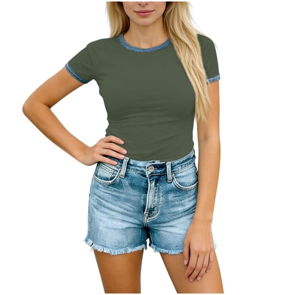 Turilly Women's Trendy Contrast Stitch Slim Fit Crop Tops - Short Sleeve Round Neck Casual T-Shirt for Women