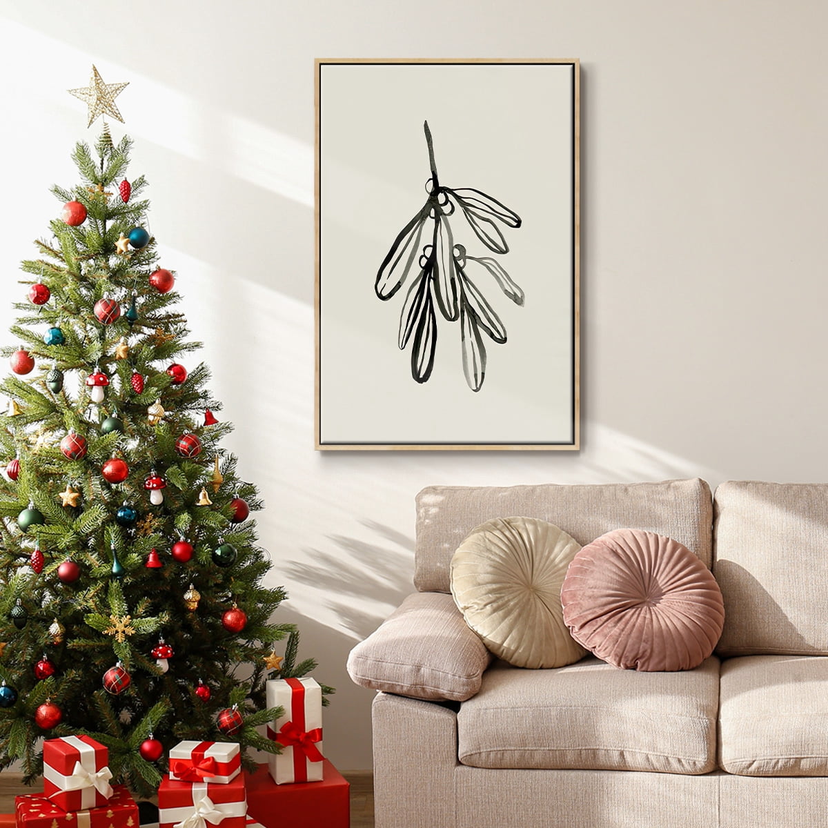Mistletoe Sketch I - Framed Gallery Wrapped Holiday Canvas - 27 x 41 - Natural Wood Frame
